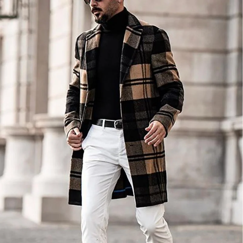 

Autumn Winter New Fashion Men's Woolen Coats Solid Color Single Breasted Lapel Long Coat Jacket Casual Overcoat Casual Trench