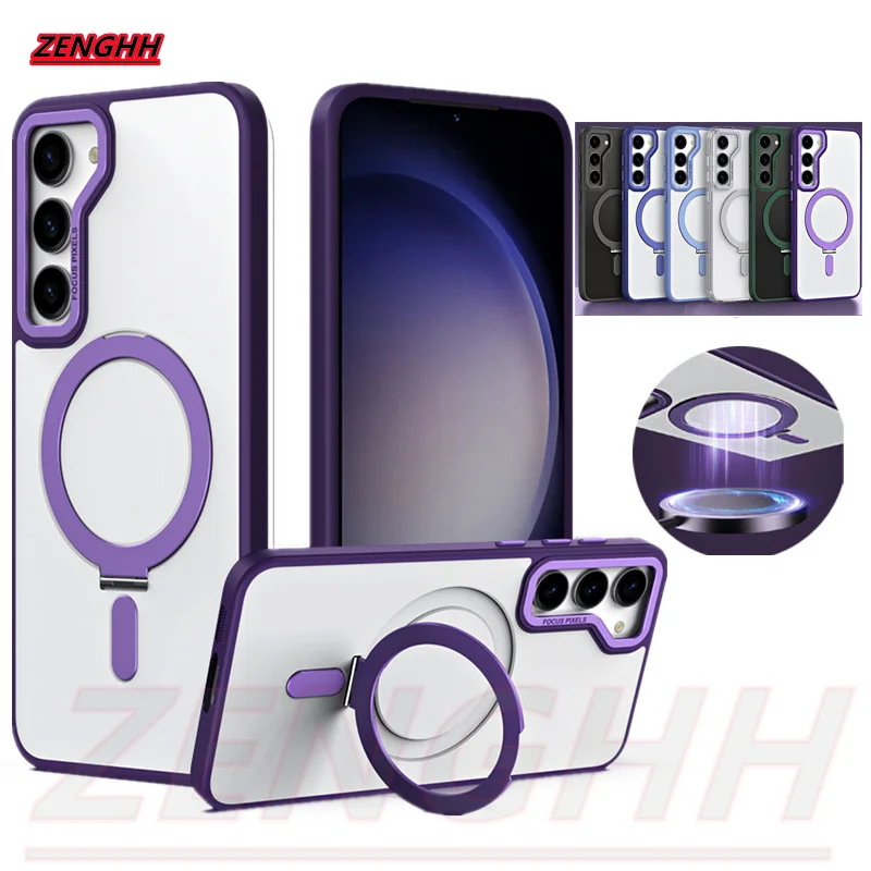 

Магнитный металлический чехол с подставкой для Samsung S23 S22 Ultra S23Plus, матовый защитный чехол со встроенной подставкой для MagSafe, защитный чехол