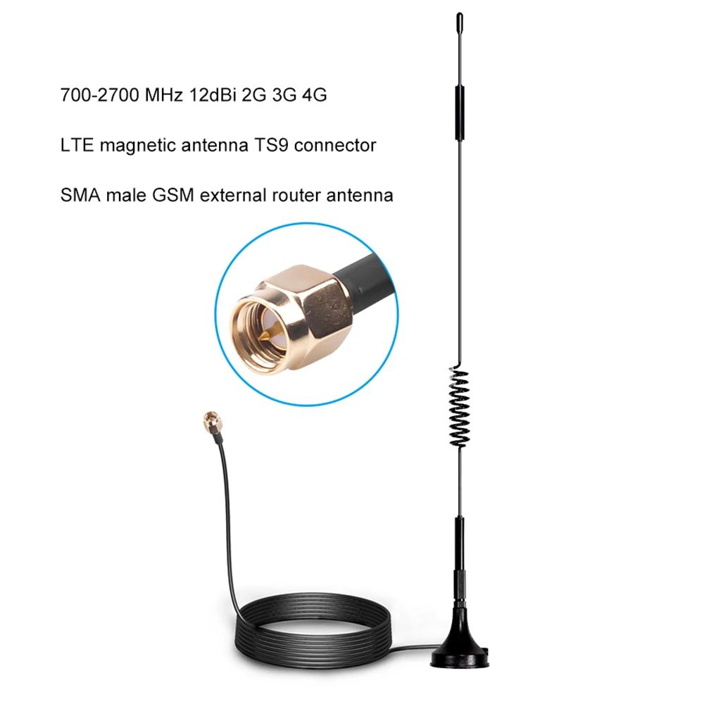 

Антенна внешняя Магнитная TS9 CRC9 SMA, 700-2700 МГц, 12 дБи, 2G, 3G, 4G, LTE, 1,5 м