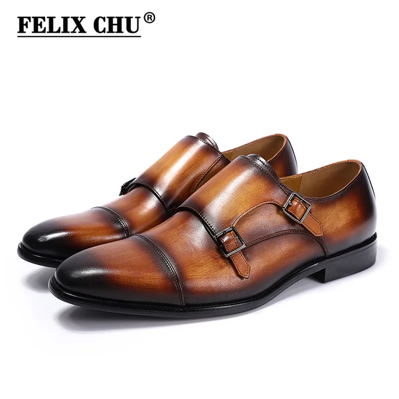 Handmade Mens Dress Shoes Double Buckle Monk Strap Genuine Leather Wedding Formal Classic Comfortable Business Shoe for Men