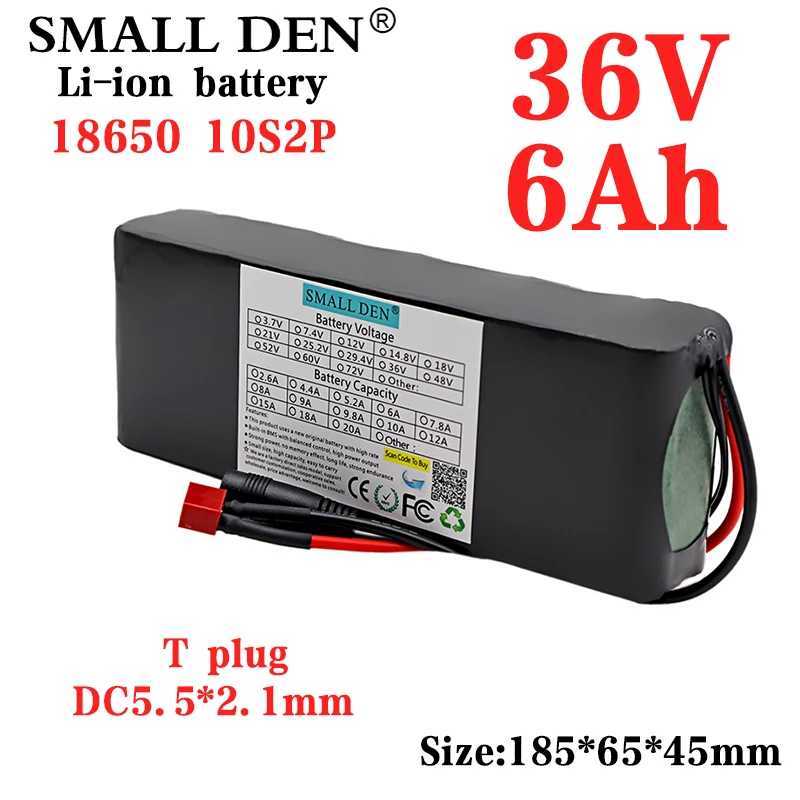 

36V 6Ah 18650 Lithium Battery Pack 10S2P 550W 42V Electric Bike, Motorcycle, Scooter Rechargeable Battery with BMS+2A Charger