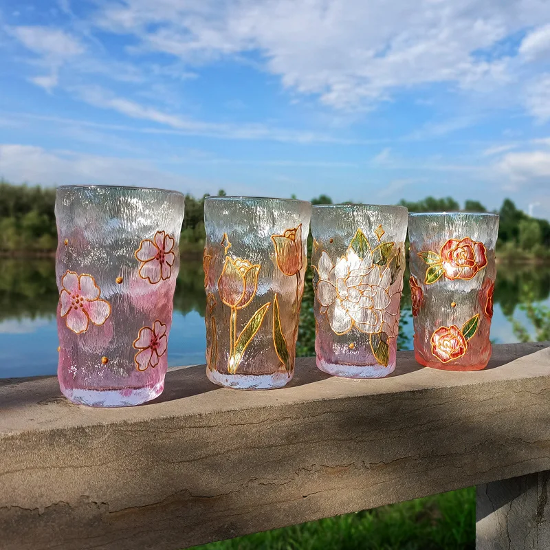 

Hammer Crystal Glass Cup Water Cup Girly Heart Hand Painted Floral Pattern Texture Mug Home Milk Coffee Breakfast Cup