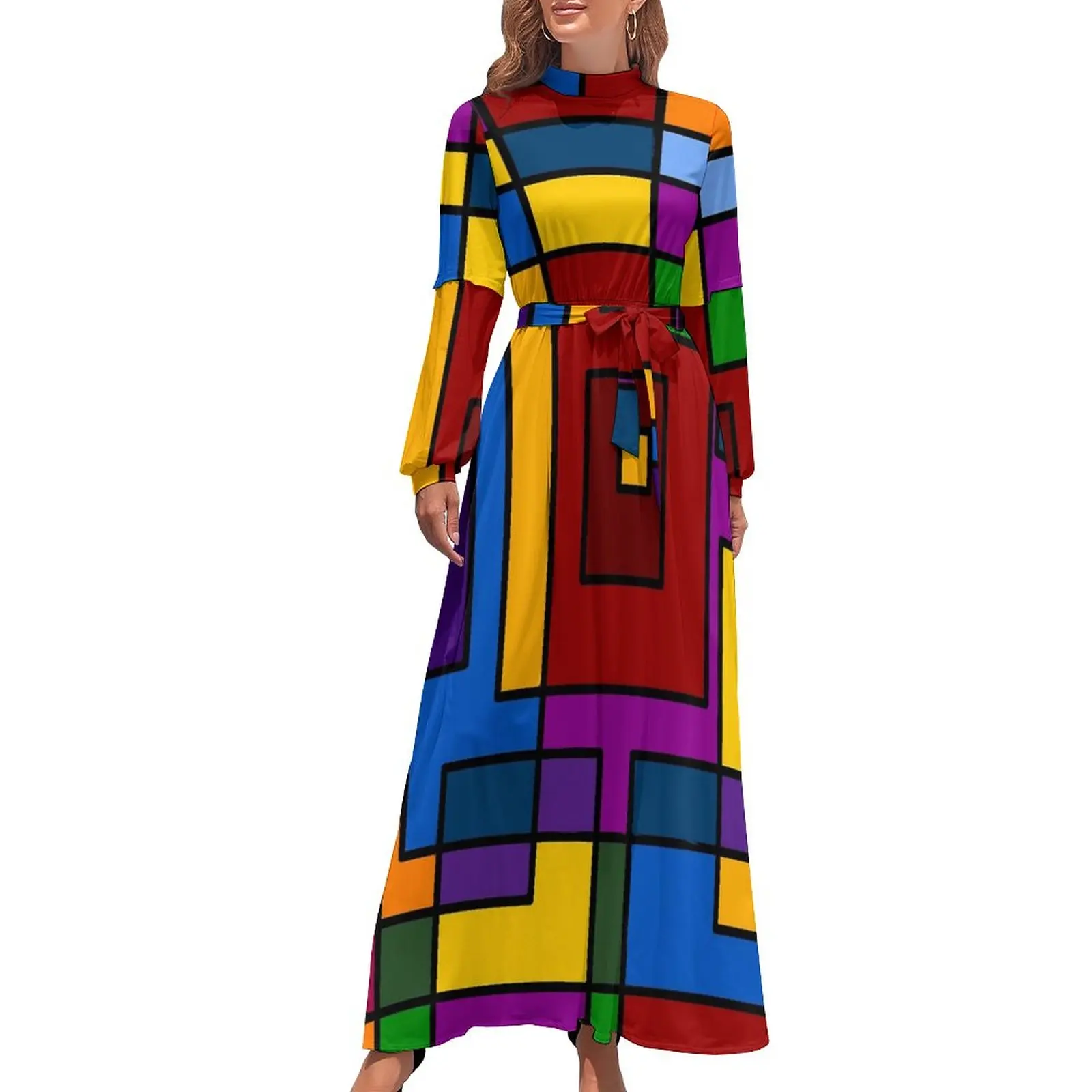 

De Stijl Inspired Dress Abstract Art Elegant Design Maxi Dress High Waist Long Sleeve Street Wear Bohemia Long Dresses