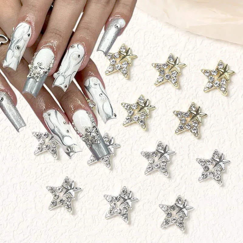 

10Pcs 3D Star Nail Charms Dual Stars Nail Art Charms Hollow Pentagram Nail Charm Gold Silver Rhinestones Star Charms for Nails