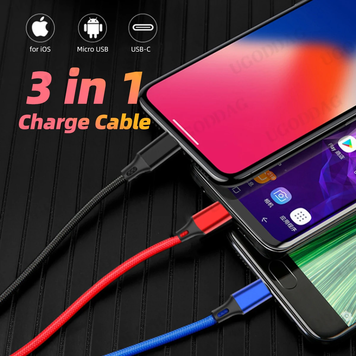Фото 3 в 1 30 см шнур для быстрой зарядки для iPhone Xiaomi Huawei Micro USB Type C кабель для зарядного устройства с несколькими портами USB несколько USB-кабелей для зарядки №2