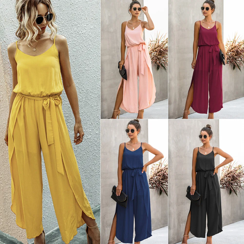 

New Summer Fashion V-Neck Strap Wide Leg Side Split Women's jumpsuit