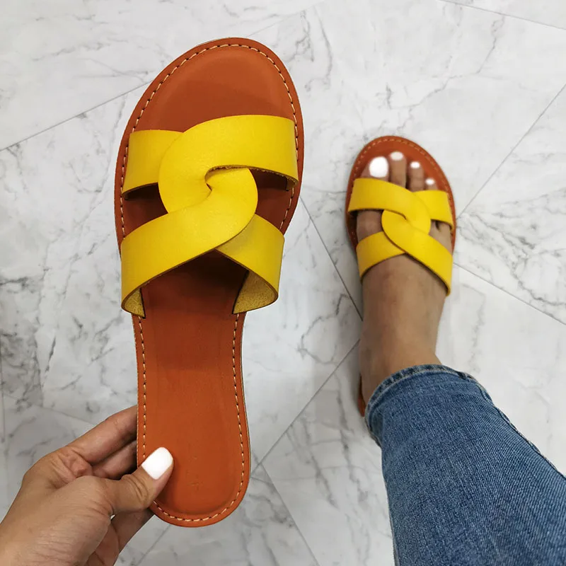 

Women Fashion Sandals Casual Flat Beach Shoes Summer Female Shoes Brand Leather Slip on Slides Solid Color Outdoor Woman Sandal