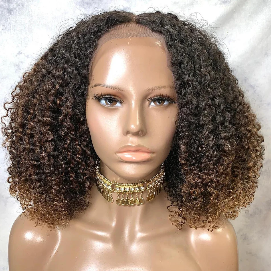 

Ombre Brown Mogolian Afro Kinky Curly Bob Wig Brown Colored 13x4 Curly Lace Front Human Hair Wigs For Black Women Bleached Knots