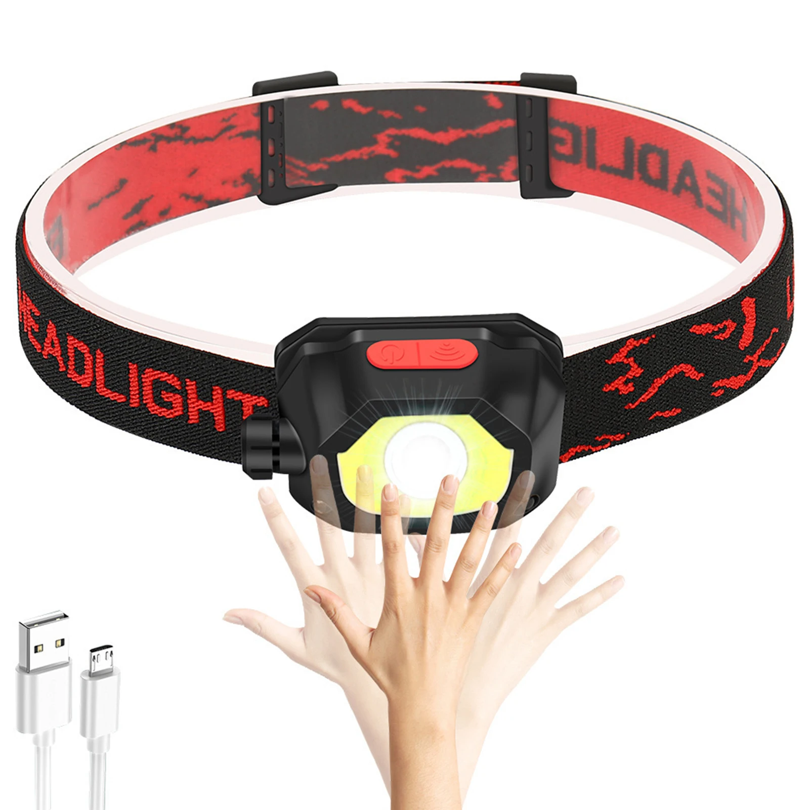

Head Torch Rechargeable LED Hiking Headlamp Flashlight IPX4 Waterproof Lightweight USB Fishing Headlight With Red COB Lights