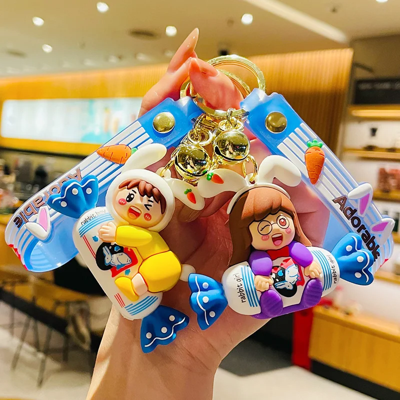 

Creative cartoon couple big white rabbit doll keychain pendant cute men and women backpack ornaments children's day gift