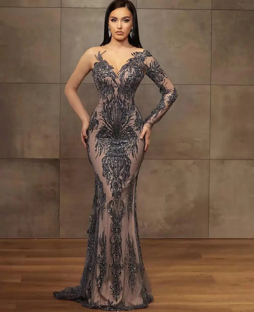 

Sexy Prom Party Gown Formal Mermaid Bateau Long Sleeve Floor-Length Sweep Train Beaded Crystal Sequins Tulle Illusion