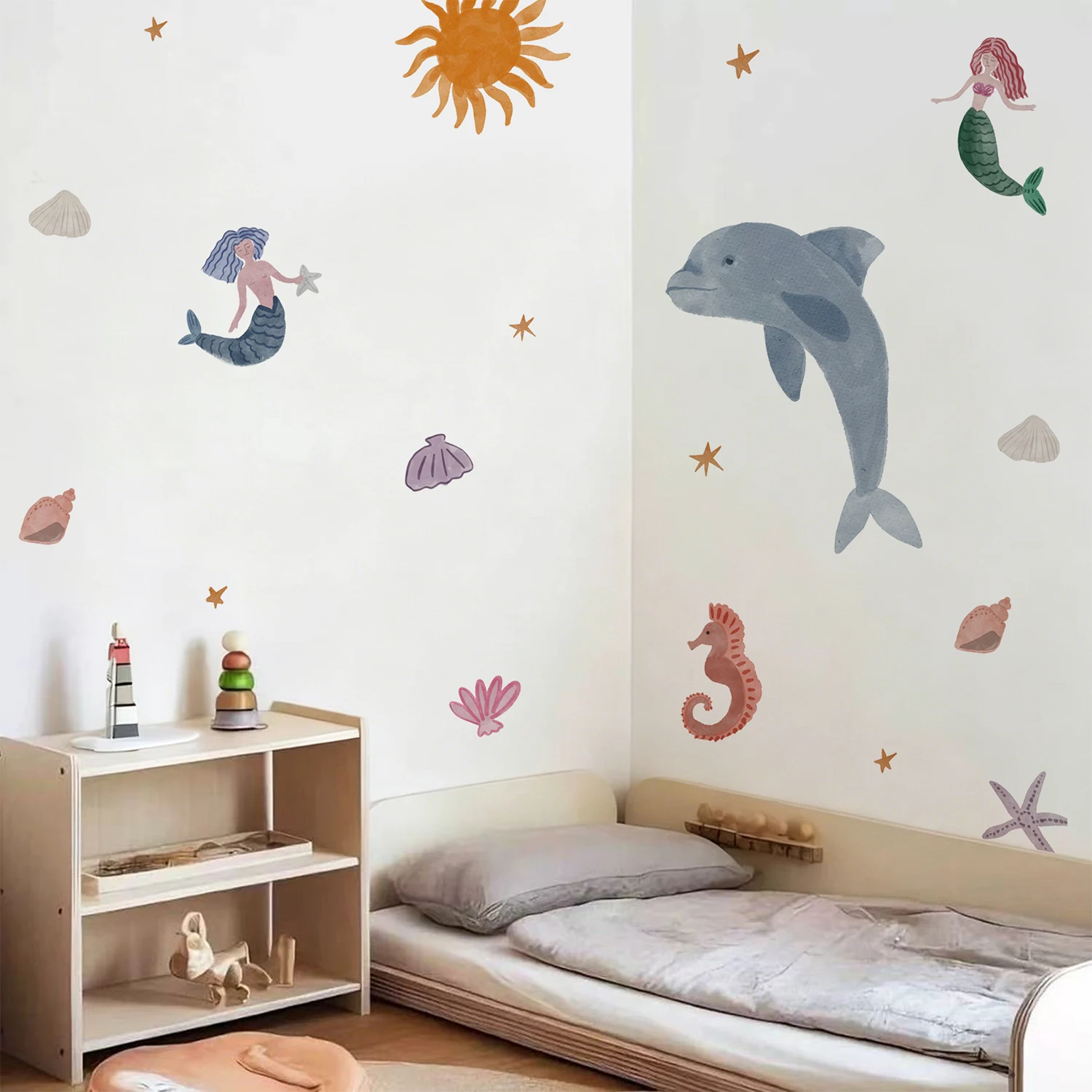 Фото Большой акварельный дельфин ‌   Наклейки на стену DIY: Прочные наклейки с морскими животными, морскими звездами и русалками для декора детской комнаты №2
