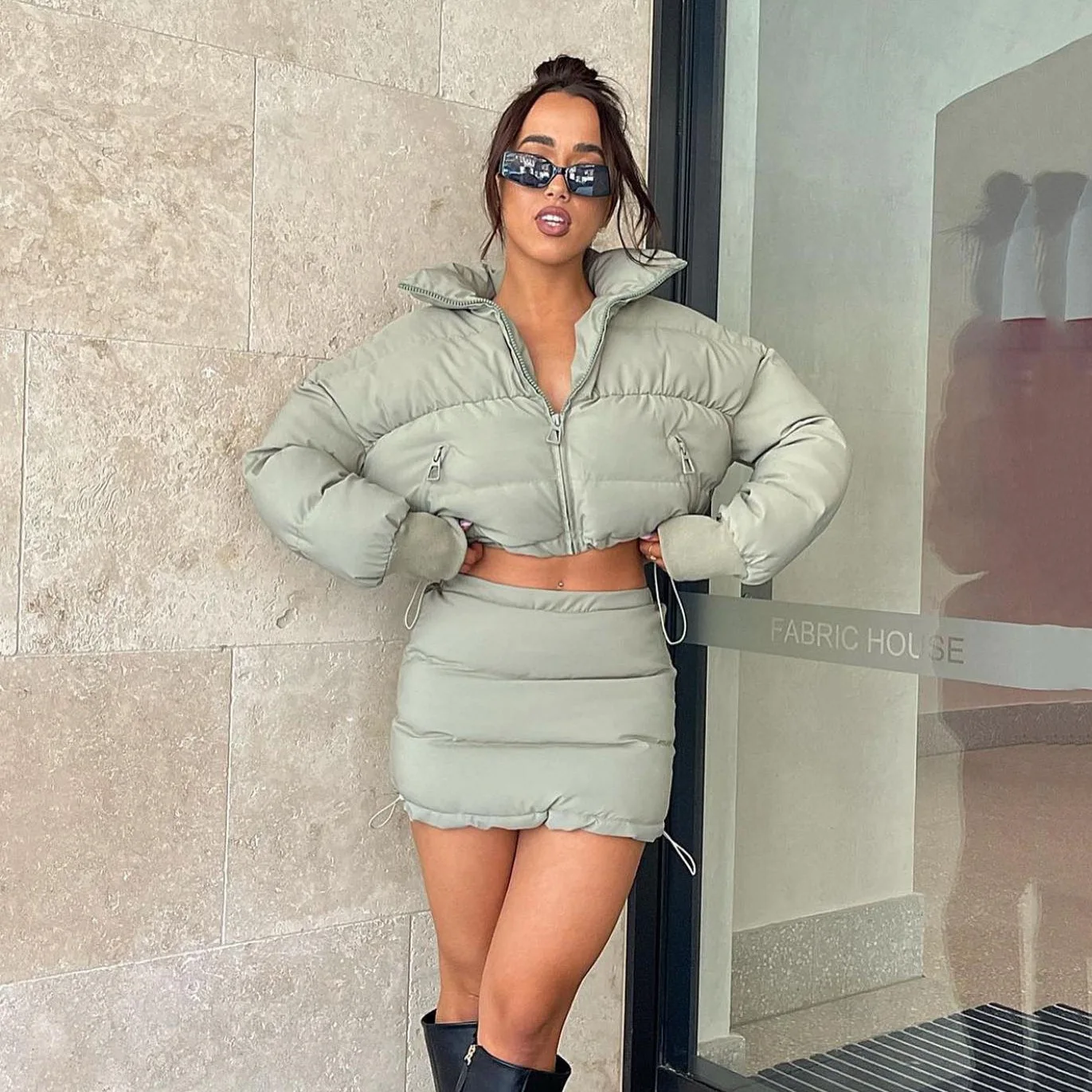 Stand-Up Zipper Drawstring Short Sections of Cotton Clothing Female Hot Girls Dewy Personality Long-Sleeved Warm Suit Tide