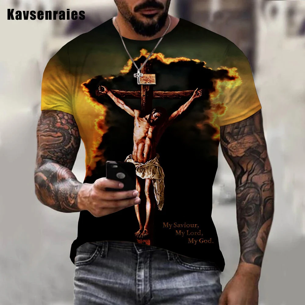 

2022 Religion Christ Jesus Cross Printed 3D T-shirt Harajuku Streetwear Tops Men Women Summer Fashion Casual O-Neck T Shirt