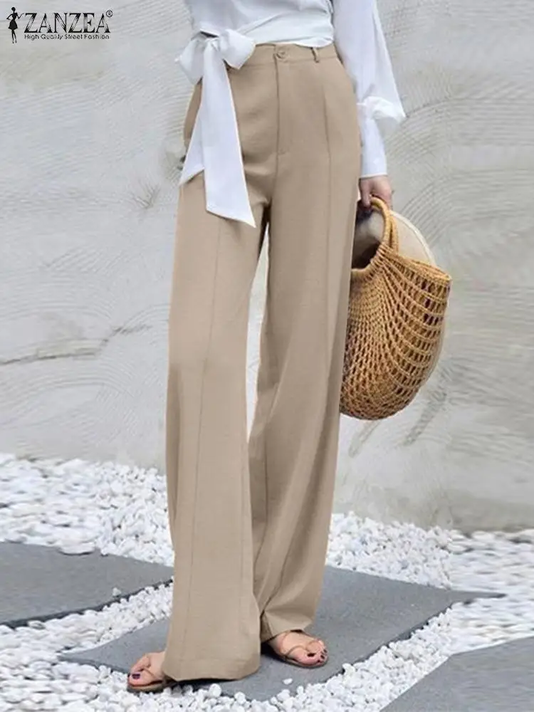 

Elegant Women OL Work Trousers Summer Fashion High Waist Solid Long Pants 2023 ZANZEA Stylish Wide Leg Pantalon Loose Palazzo
