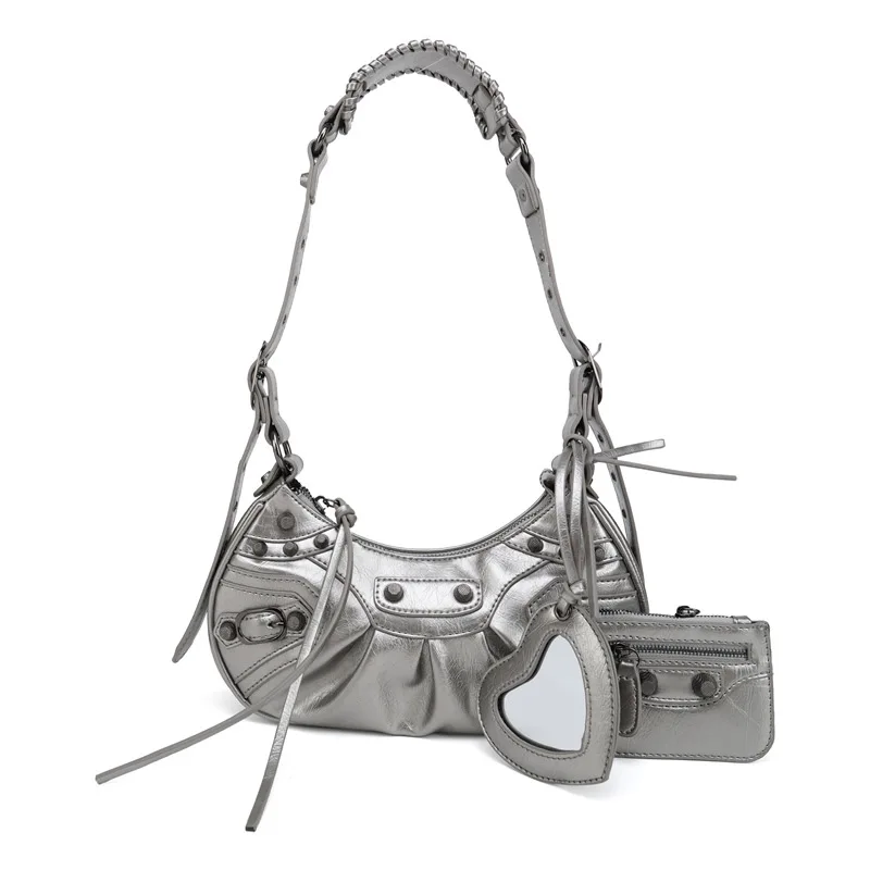 

2022 Luxury Fashion Handbags Woman high quality Riveted Shoulder Messenger Bag with Mirror and Card Half-Moon Locomotive Bag