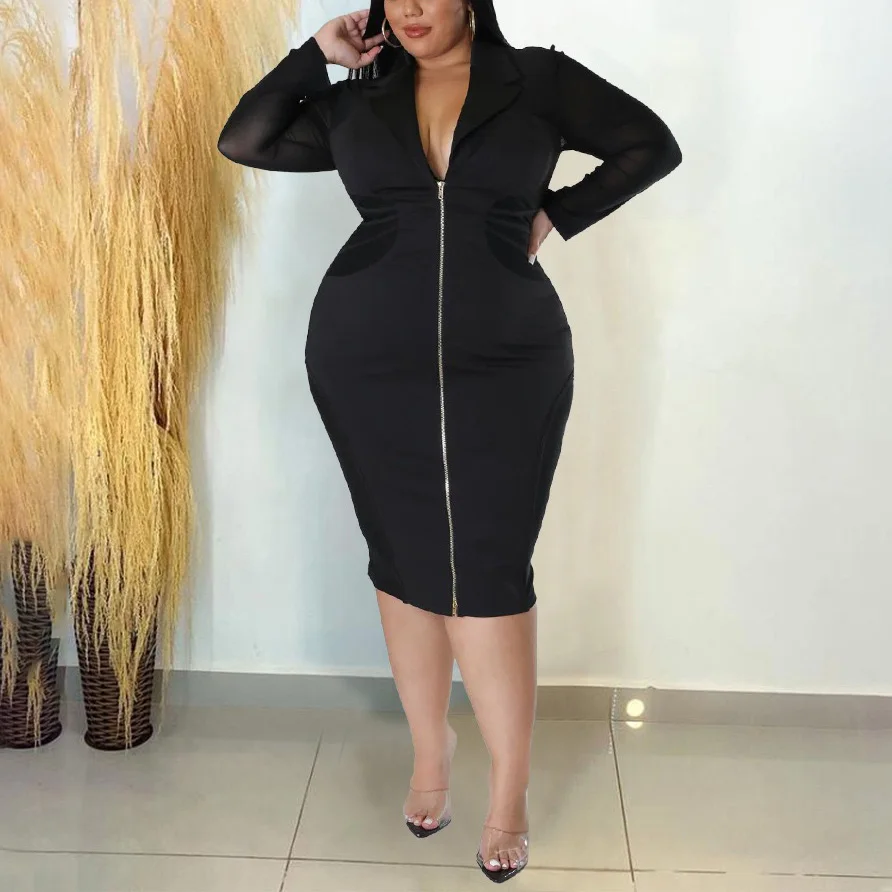 4XL 5XL Plus Size Dresses for Women Full Sleeve Zipper Closure Turn Down Collar Bodycon Fashion Evening Party Dinner Vestidos