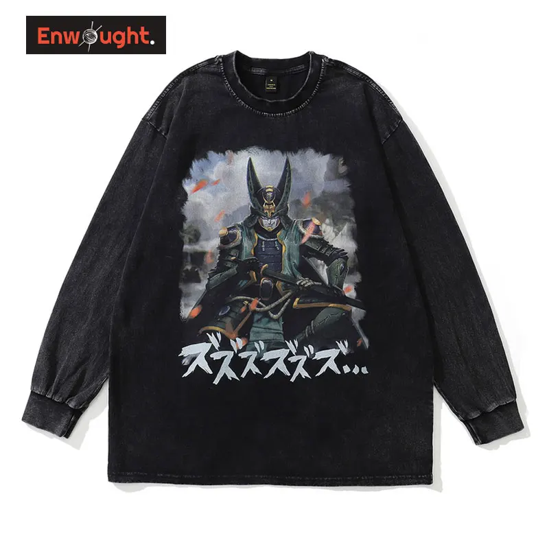 

Cell Graphic T-shirts Vintage Washed Dragon Anime Hooded Sweatshirts Ball Manga Tops Tees Long Sleeve Streetwear Retro Pullover