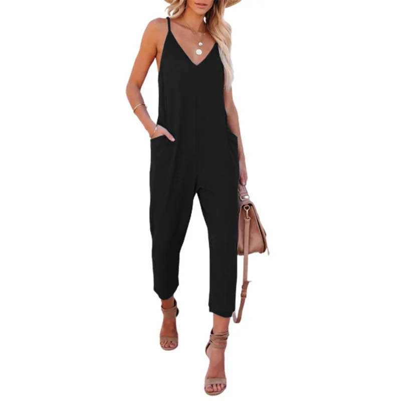 2023 Summer Solid Color Waffle Casual Fashion Solid Color V Neck Sling Pocket Jumpsuit Women Rompers Womens Jumpsuit