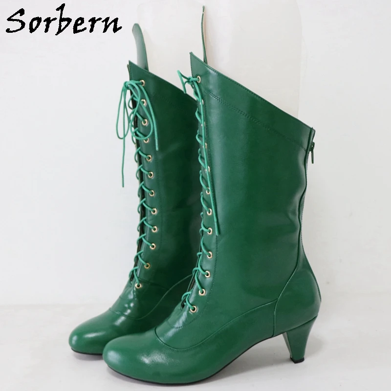 

Sorbern Green Matte Ankle Boots Unisex Kinky Booties Short Male Female Shoes Lace Up 6Cm Kitten Heel Custom Colors