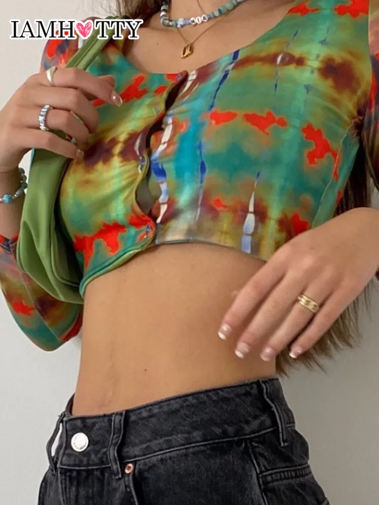 

Grunge Aesthetic Cropped Top Tees Women Tie Dye Printed Long Sleeve T-shirt Sexy Vintage Button Up Cardigan Shirt Iamhotty