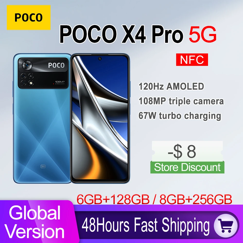 Global Version POCO X4 Pro 5G 6GB RAM 128GB ROM /8GB RAM 256GB ROM Mobile Phone 108MP Camera Snapdragon 695 120Hz AMOLED Display