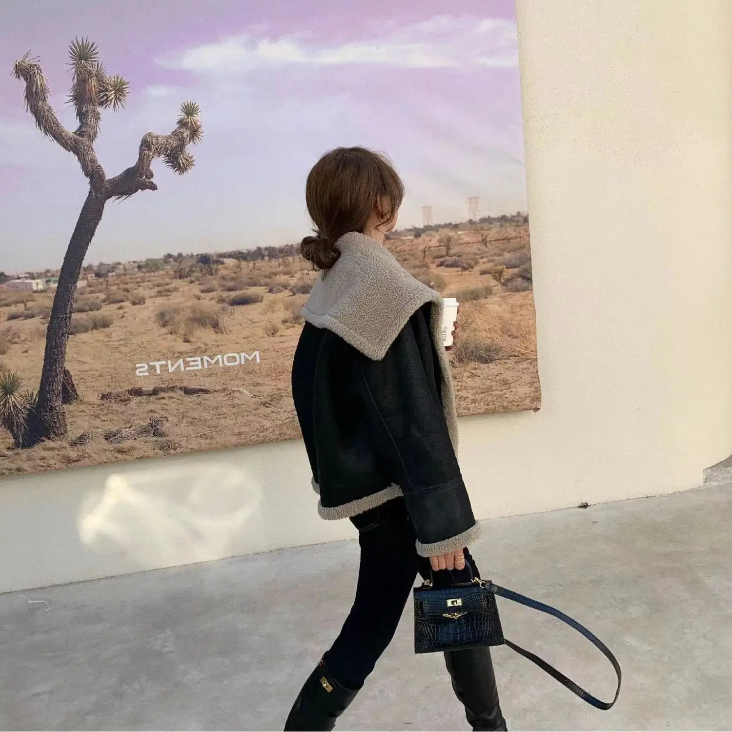 Faux Fur Coat Women Winter New Lambswool Sheepskin Thick Warm Biker Jacket Female Clothing Black Chic Pu Outerwear Loose Tops