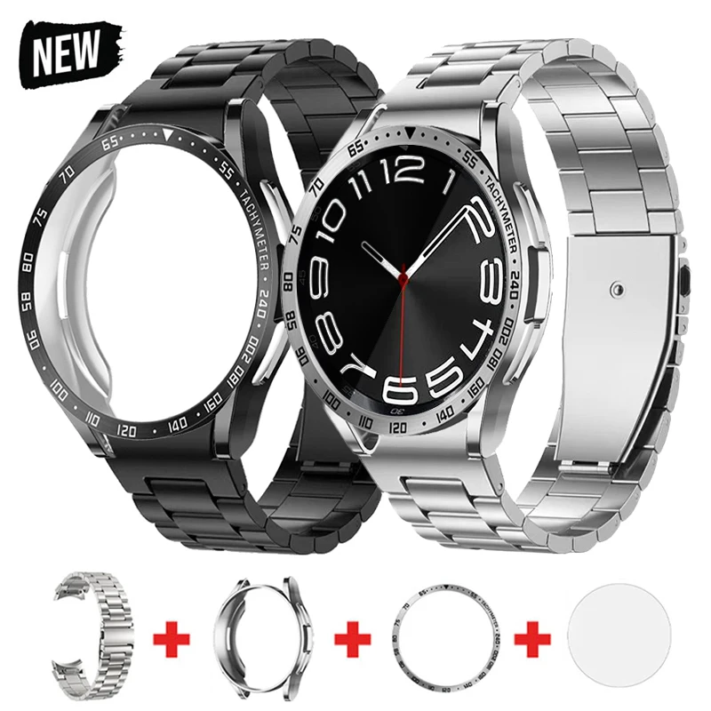

No Gaps Bracelet for Samsung Galaxy Watch 6 Classic 47mm 43mm Stainless Steel Band+Cover+Bezel Ring Quick Fit 4 in 1 Case Strap