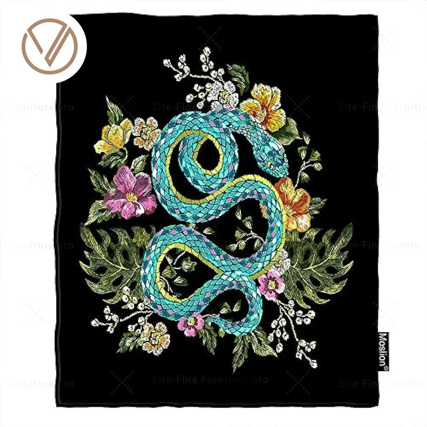 

Moslion Snake Throw Blanket Vintage Wild Animal Green Snake in Flower Tropical Palm Leaf Blanket Flannel Warm Travel Blankets