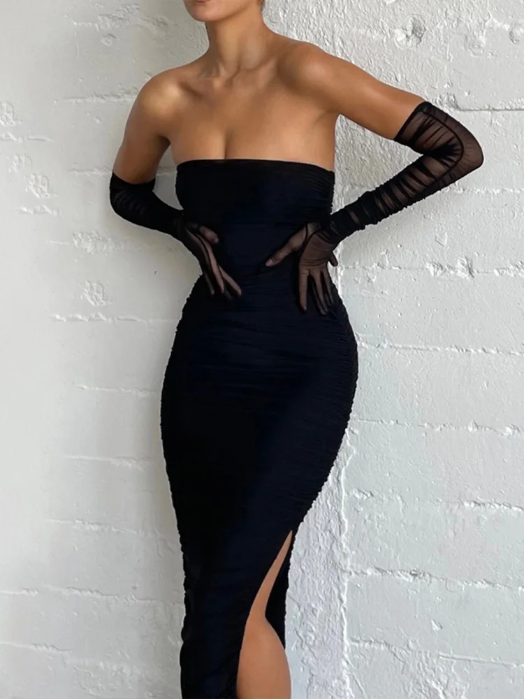 

Black Pleated Women's Dress Summer Gazue Split Sexy Low Cut Backless Dresses for Women Elegant Party Evening Long Femme Vestidos