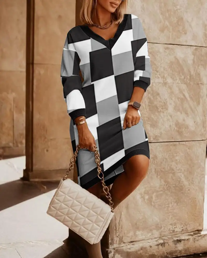 

Женское платье с длинным рукавом, V-образным вырезом и принтом, весна-лето 2023