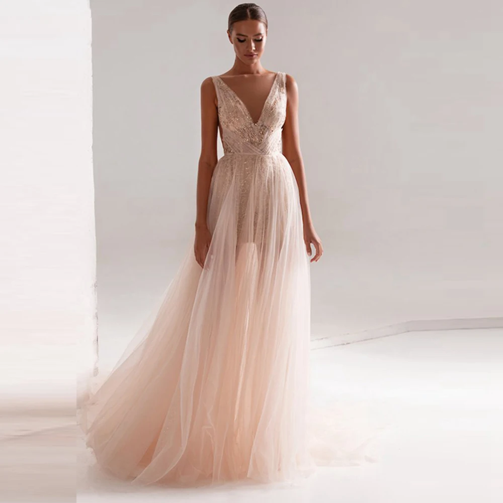 

GUXQD Sexy Deep V-Neck Long Evening Dresses Vestidos De Festa Tulle Sparkly Crystals Floor-Length Formal Dress Vestidos De Noite