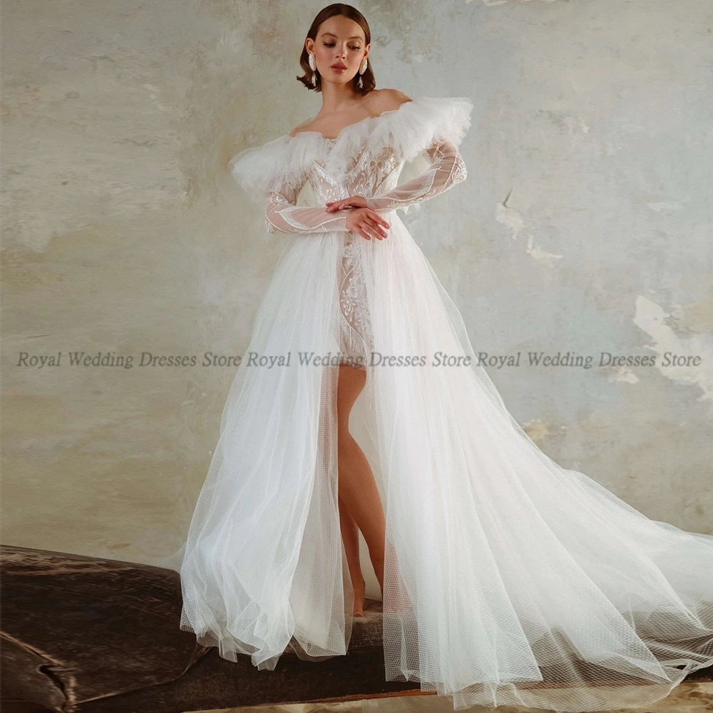 

Exquisite Mermaid Wedding Dresses Draped Tassel Off-the-shoulder Lace V Neck Open Back 2022 Summer Knee Length Gowns Robe De Ma