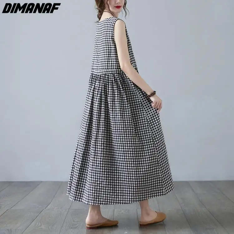 Женское длинное платье без рукавов Dimanaf свободное винтажное в клетку Пляжное
