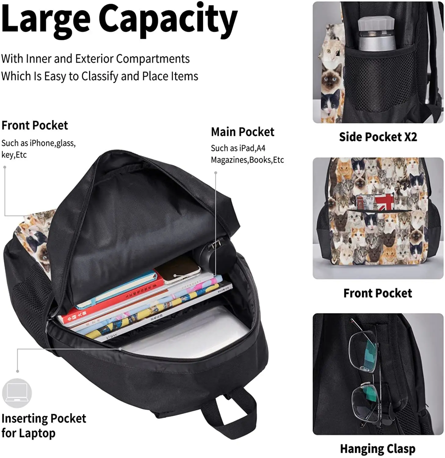 Kids School Backpack Cats Schoolbag Travel Bag Casual Daypack Lunch Bag Pencil Case for Boys Teens Girls 3pcs Sets