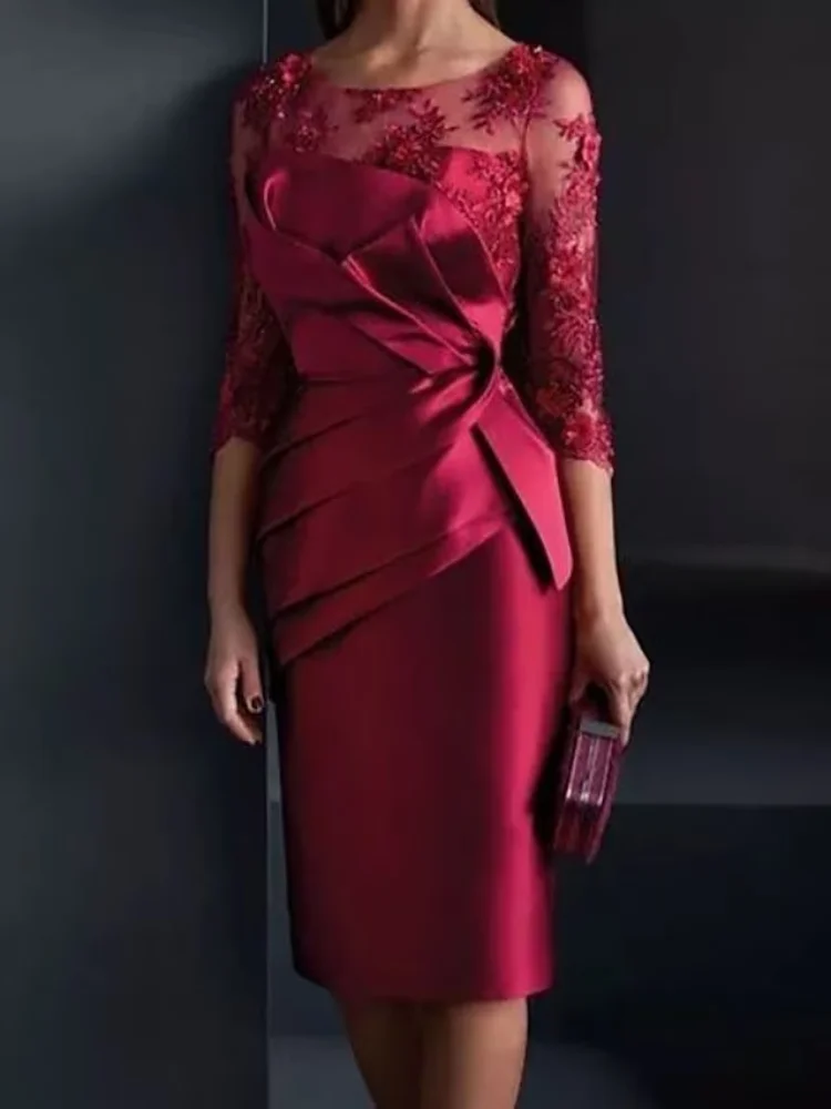 

Платье-футляр для матери невесты, атласное кружевное платье длиной до колена с воротником-иллюзией, рукавом 3/4 и аппликацией, вечернее платье