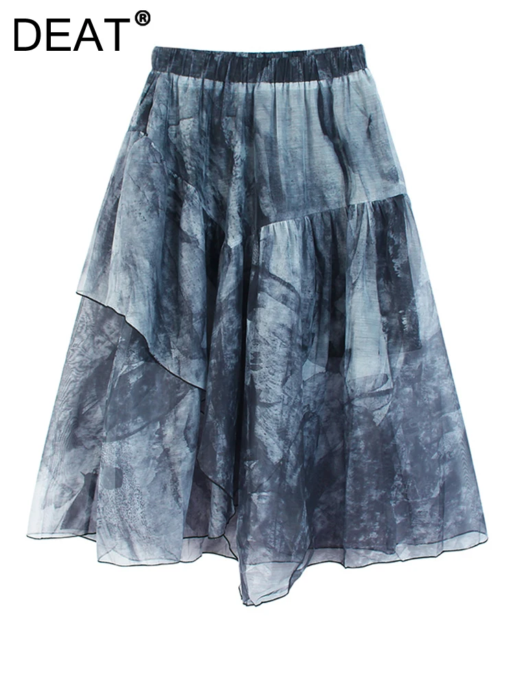 

DEAT Fashion Women's Skirt Loose Elasticity High Waist A-line Irregular Print Gauze Mid-calf Skirts Summer 2023 New Tide 1DF7241
