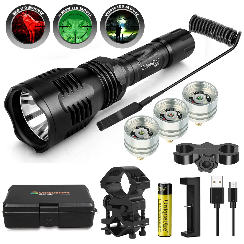 UniqueFire HS-802 XRE LED Flashlight Set with Green Red White Light LED Pill+Scope Mount+Rat Taill+18650 Battery Hunting Kit