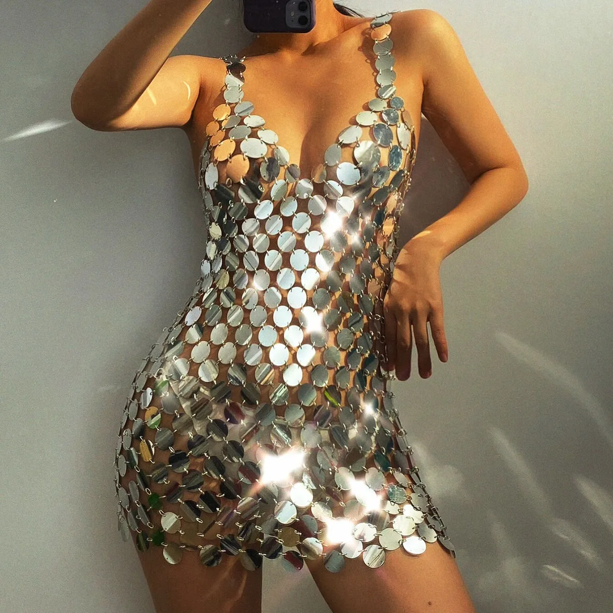 

Sexy Bodycon Sequin Dress Geometric Openwork Skirt Personalized Nightclub Exaggerated Round Body Jewelry for Women Summer Beach
