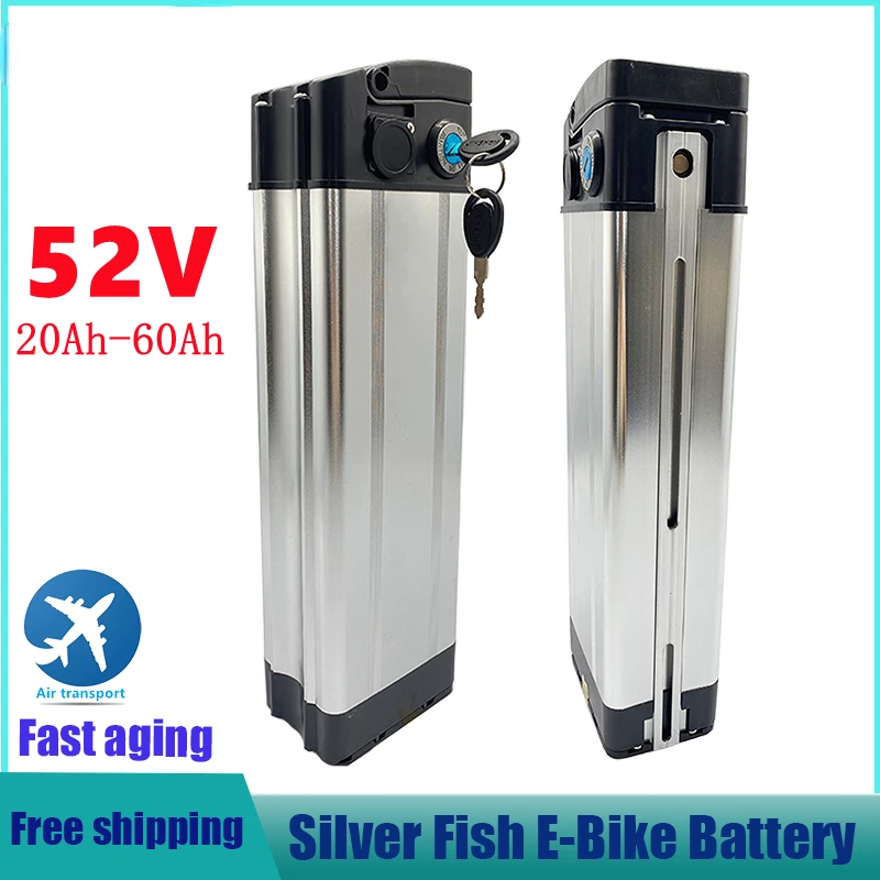 

52V 20ah 30ah 40ah 50ah 60ah Silver Fish Style Electric Bike Battery 52V Lithium Battery with Aluminum Case Anti-theft Lock