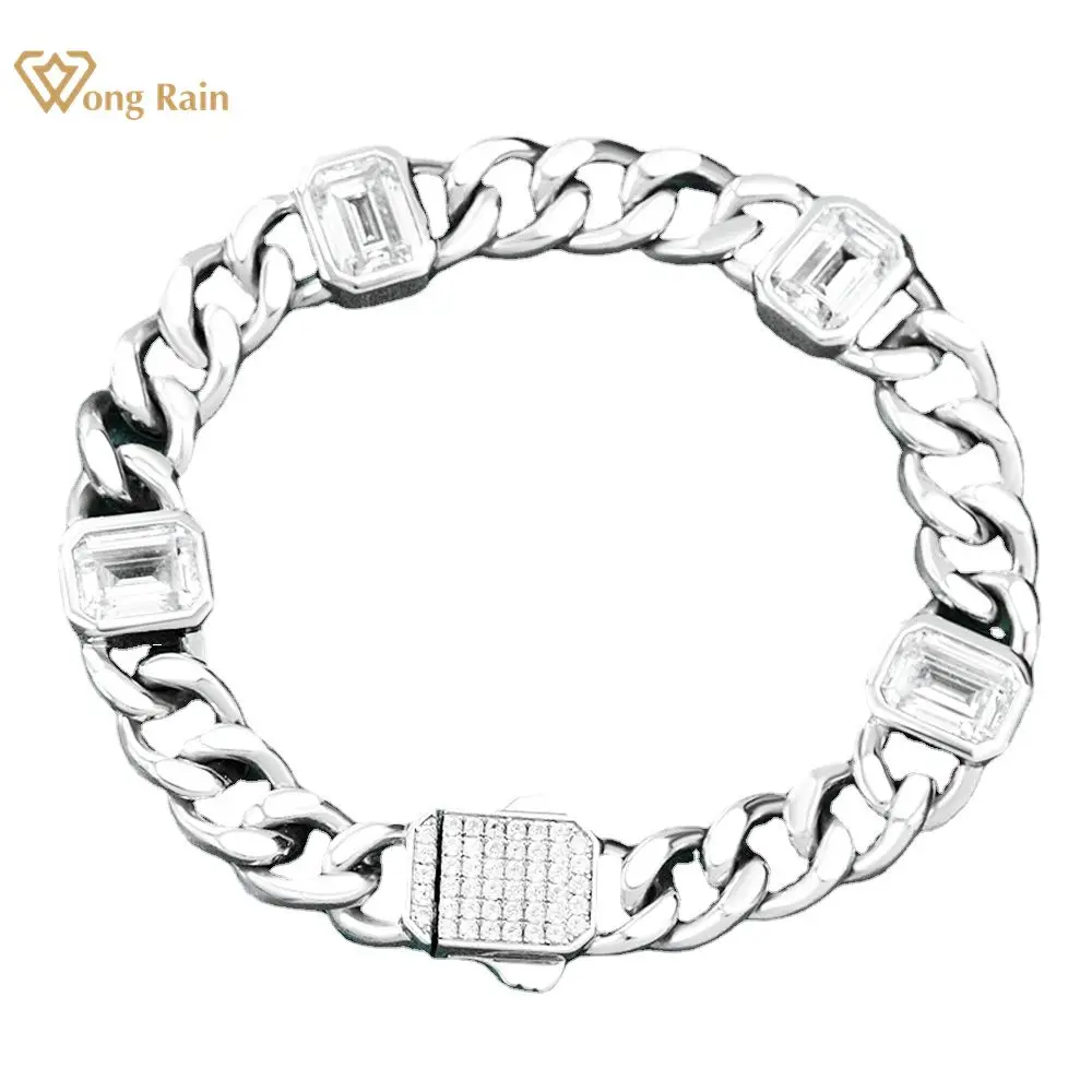 

Wong Rain Hip Hop Rock 925 Sterling Silver Emerald Cut Lab Sapphire High Carbon Diamond Cuban Chain Bracelet Bangle Fine Jewelry