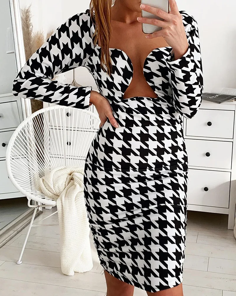 

Women High Waist V Neck Fashion Casual Houndstooth Print Long Sleeve Cutout Dress Party Evening Knee Length Dress