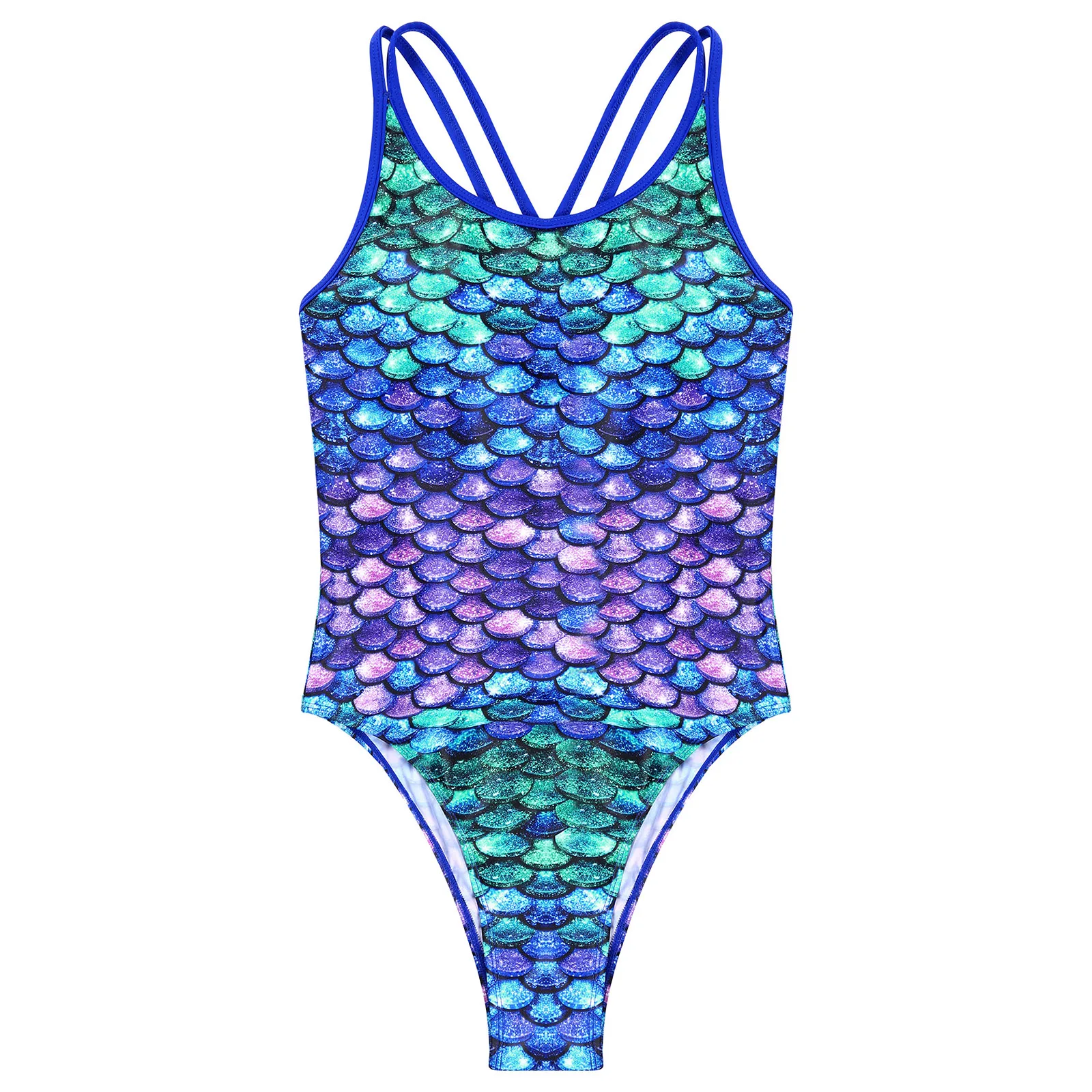 Summer Women Mermaid Scales Print One-piece Swimsuit Beachwear Sleeveless Cross Straps Removable Pads Swimming Bathing Body Suit