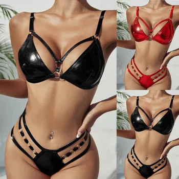 Women Fashion Lingerie Set Two Piece PU Leather Lingerie Set With Chain Linked G-String Bra Brief Seamless Braletteg Bra Set 1