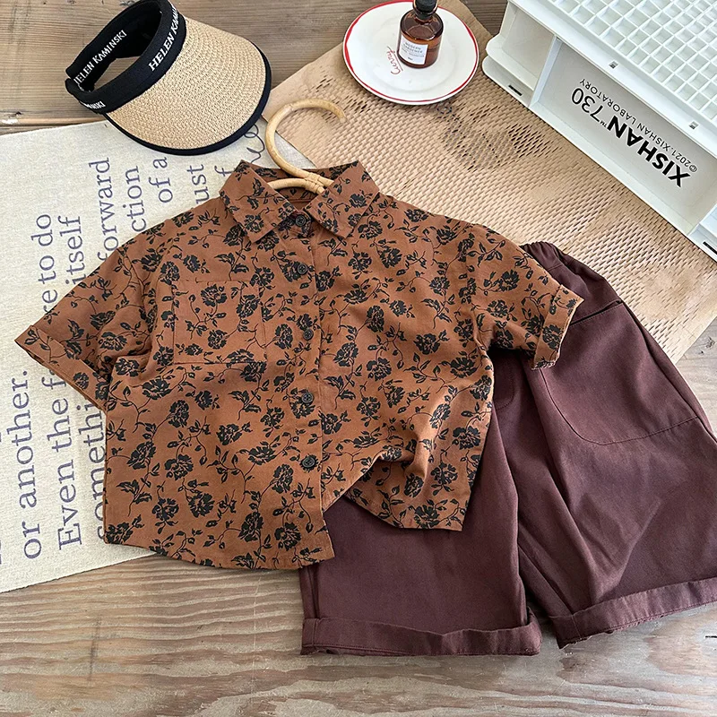 

Casual Vacation Flower Print Short Sleeve Baby Blouse Spring Summer Beach Turn Down Collar Button Infant Shirt Tops