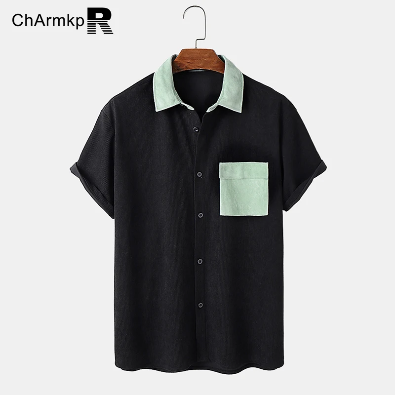

2023 Summer Shirt ChArmkpR Fashion Men's Clothing Contrast Corduroy Casual Short Sleeve Shirts Oversized Tops Tee Blouses Camisa