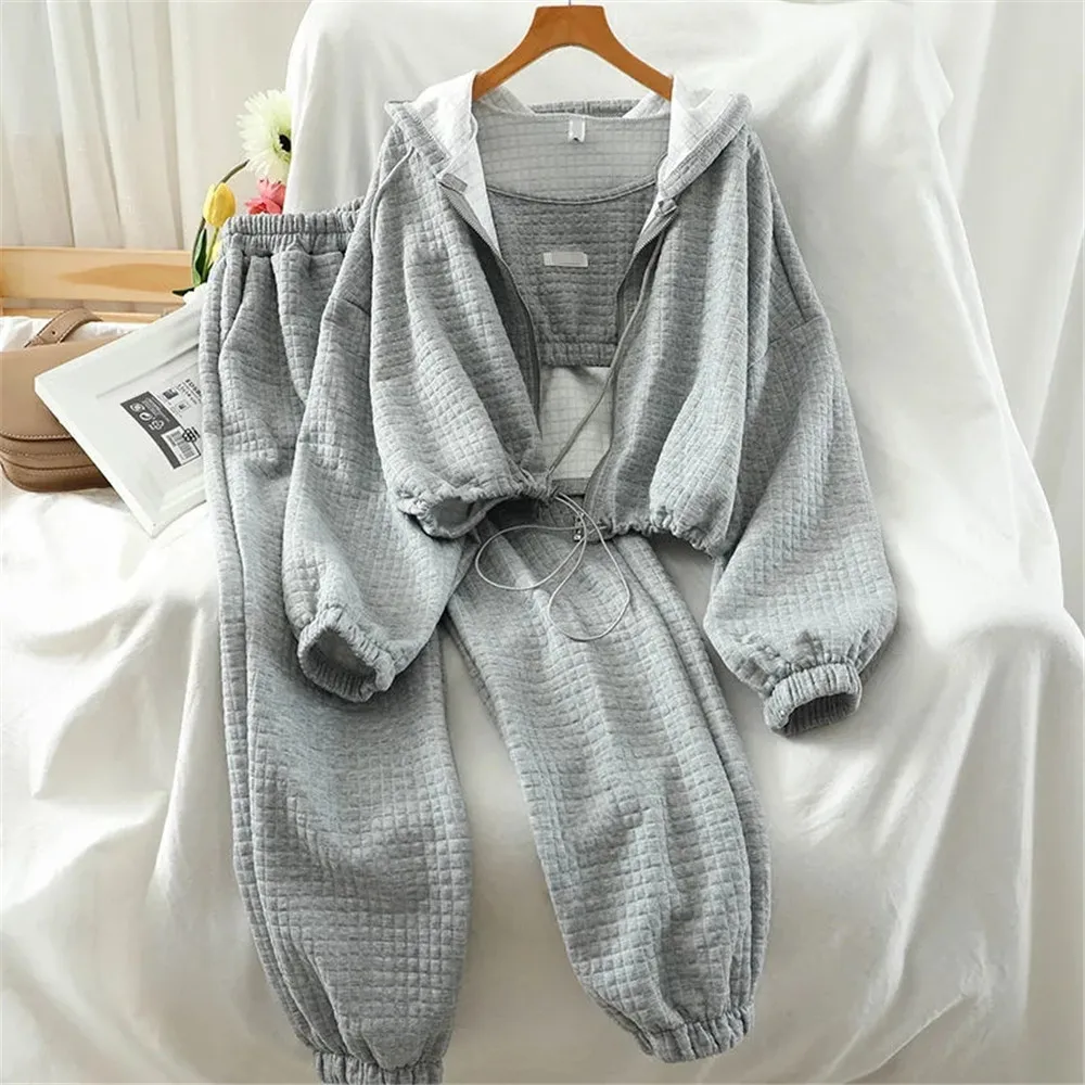 

Gray Sports 3 Piece Tracksuits Casual Co-Ord Set Women Zipper Hooded Sweatshirts+Camis+ High Waist Loose Long Pants Fashion Suit