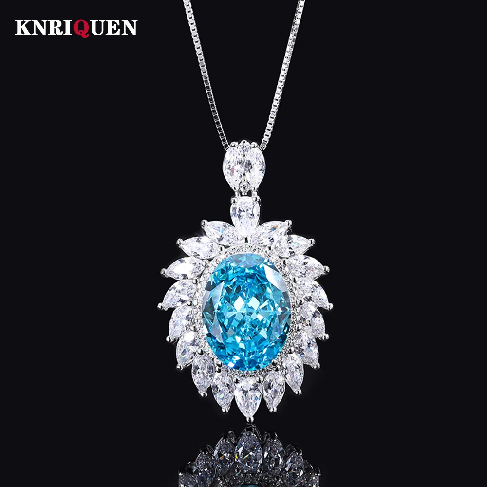 

2022 New Arrival 100% 925 Real Silver 12*16mm Topaz Aquamarine Pendant Necklace for Women Vintage Gemstone Wedding Fine Jewelry
