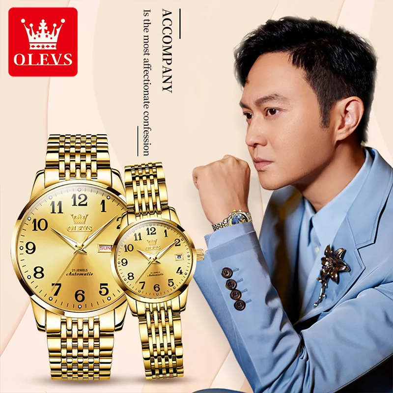 OLEVS 2022 Luxury Fashion Couple Calendar Week Display Stainless Steel Strap Watches Luminous Waterproof Mechanical Watch 6666