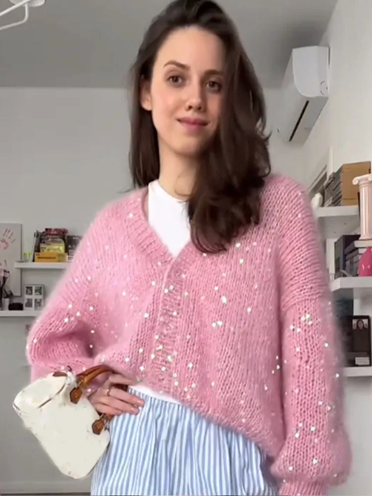 Женский Однотонный пуловер с V-образным вырезом и длинным рукавом